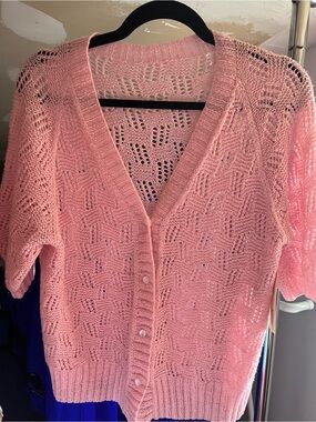 Vintage Pretty Handmde Women’s Open-Knit Pink Button Cardigan Sweater